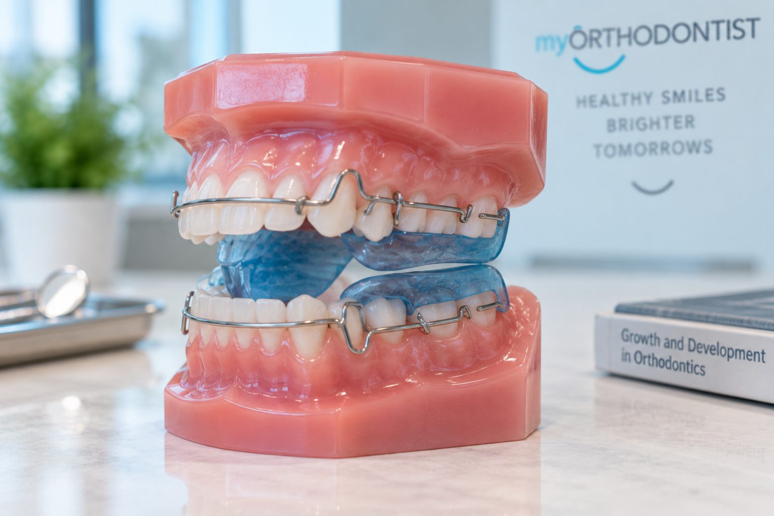 A Twin Block functional appliance on a set of dental models, with blue acrylic blocks on the upper and lower plates meeting to hold the lower jaw forward.