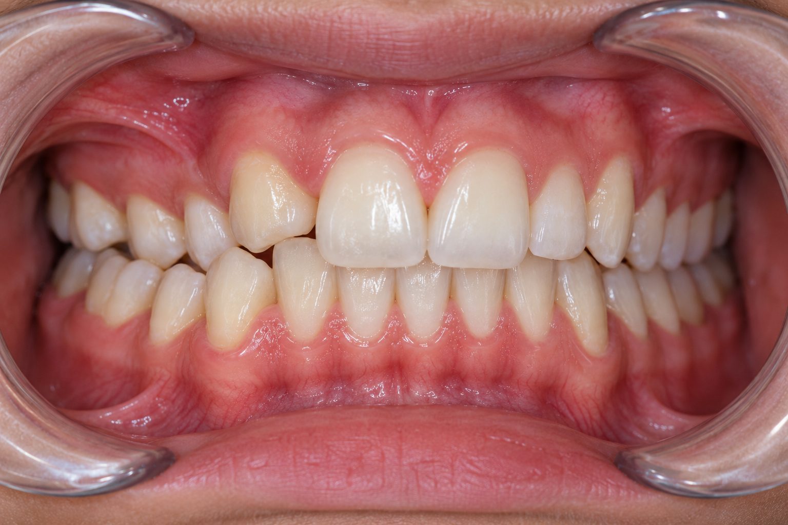 Front view of teeth biting together with a cheek retractor in place; on one side the upper back teeth sit inside the lower back teeth.