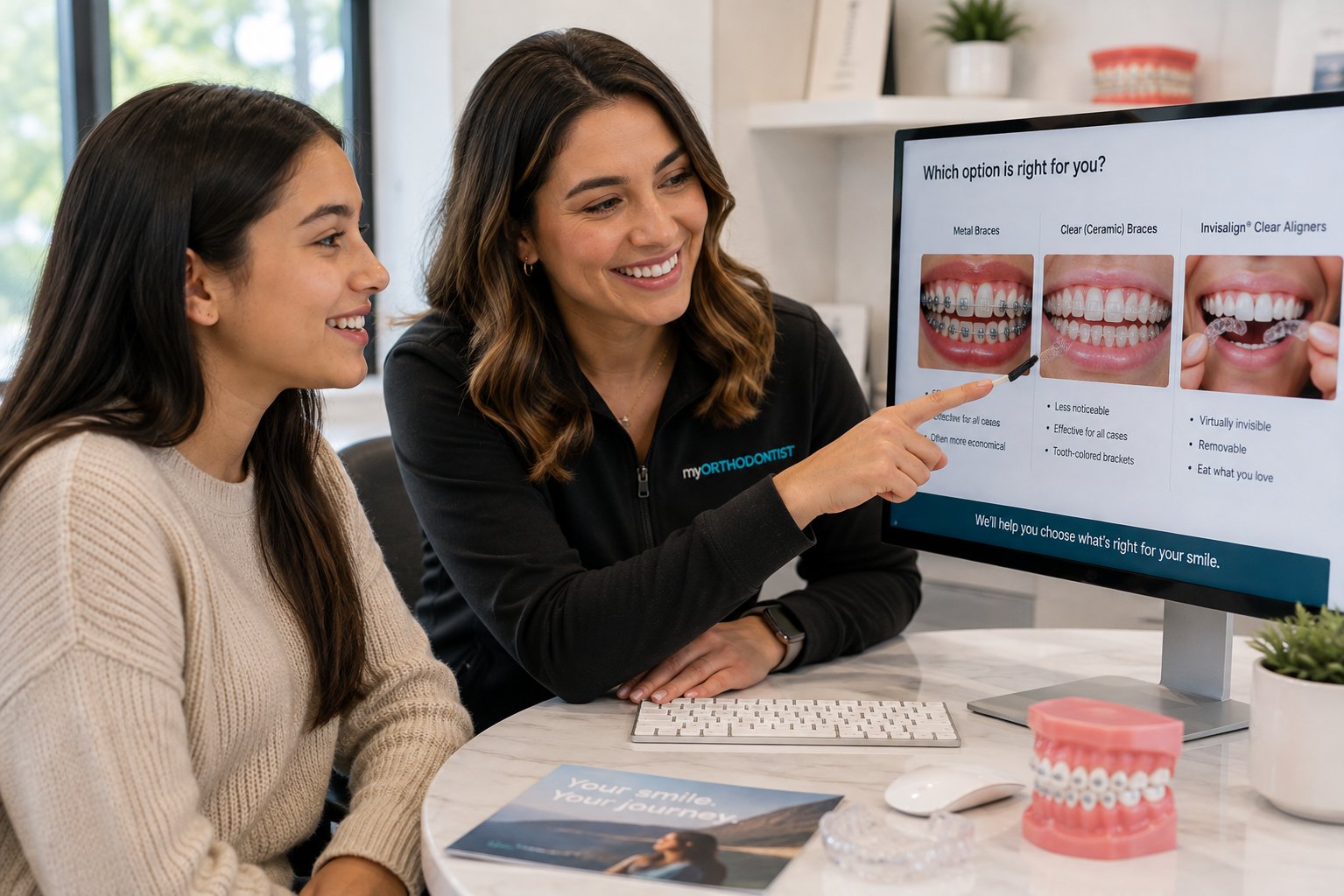 A treatment coordinator comparing braces and aligner options on screen with a patient.