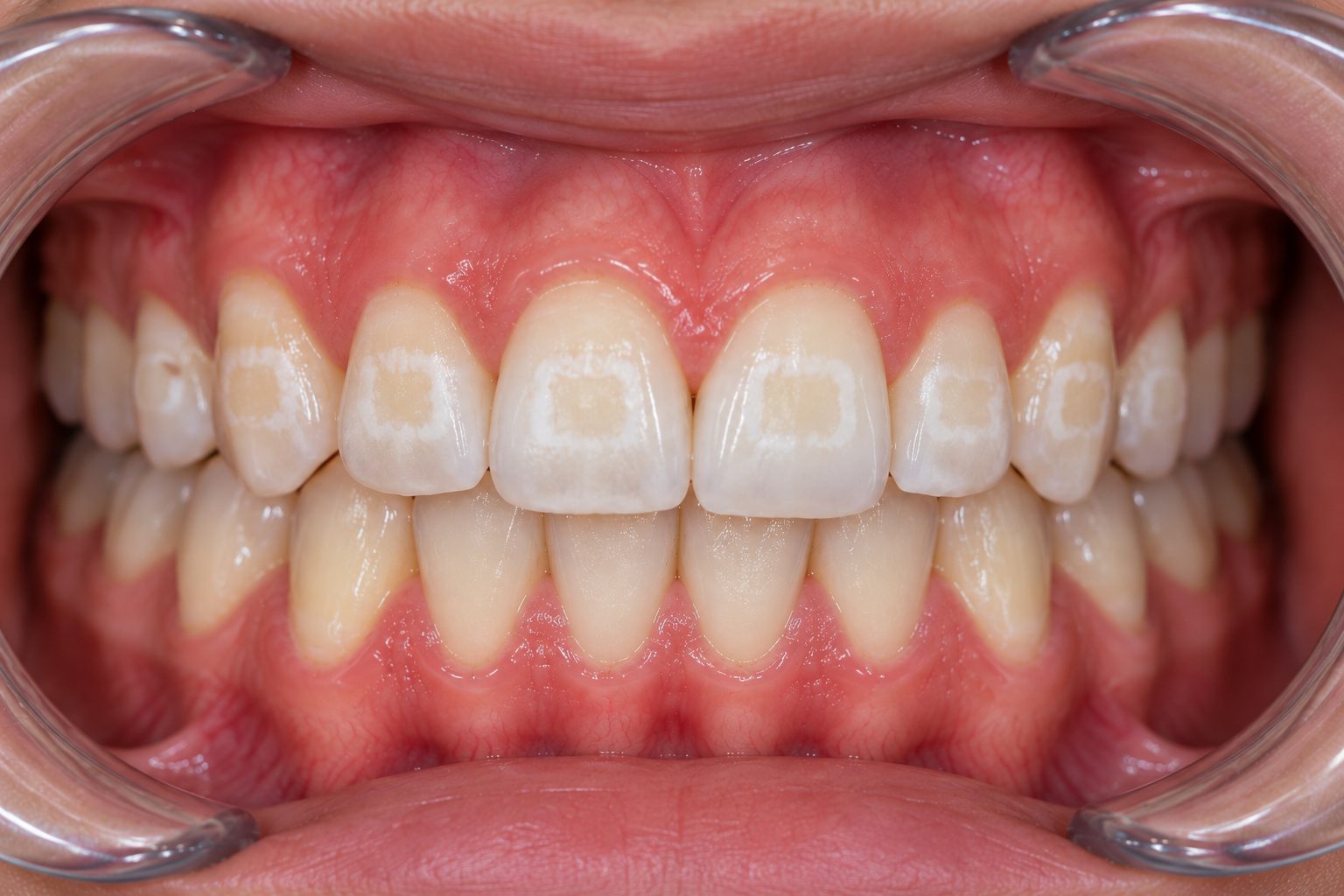 Front teeth after braces have been removed, with chalky white patches on the enamel where plaque sat during treatment.