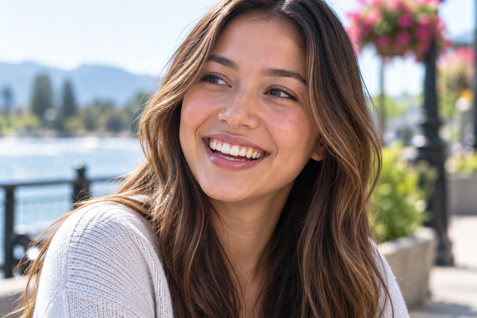 A young woman smiling naturally outdoors on a bright day, with a lake and mountains behind her.